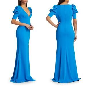 Badgley Mischka Odessa Split Front Crepe Gown V-Neck Puff Sleeves Blue Size 0